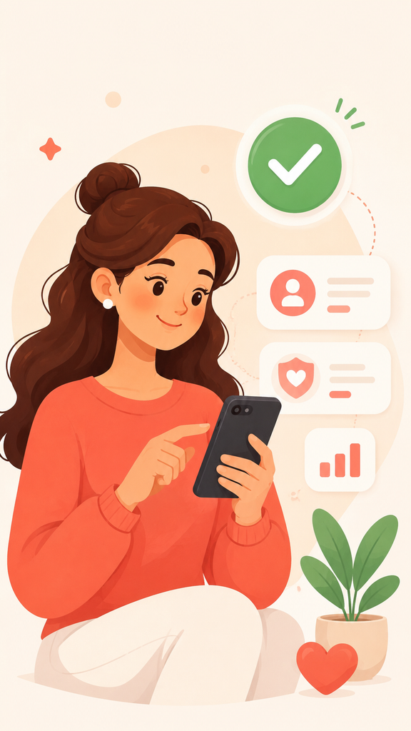 Femme consultant son téléphone, illustration de KeepPotes pour garder contact avec ses amis