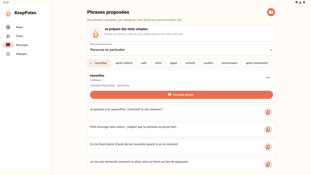 Suggestions de messages dans l’application KeepPotes