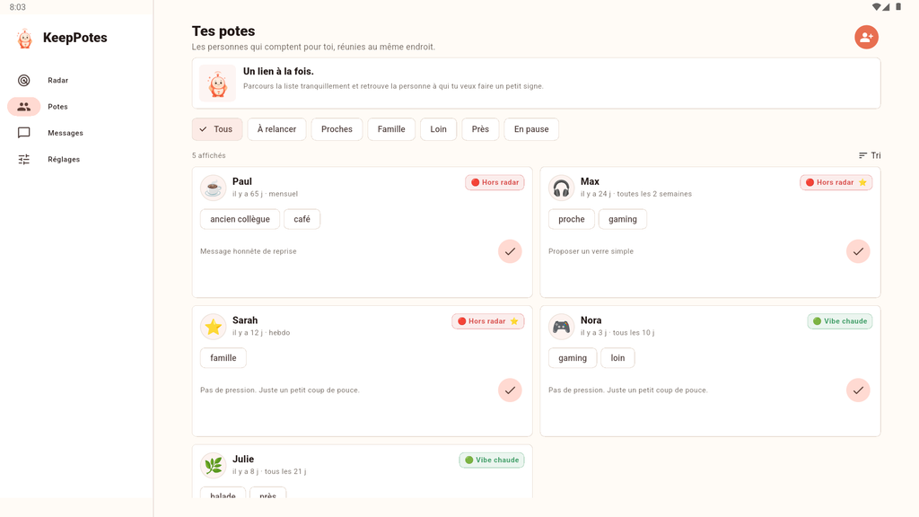 Radar relationnel KeepPotes pour garder contact avec ses amis